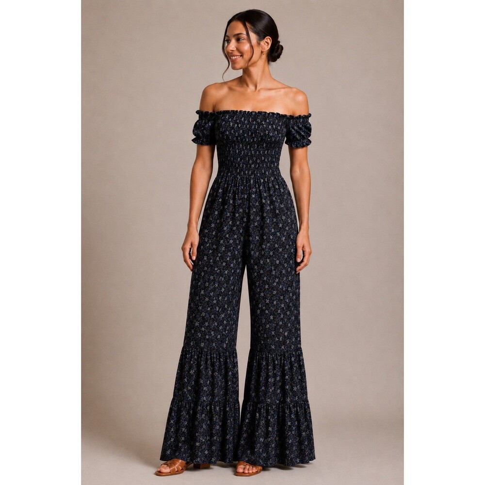 Women’s Sz L Black Floral Smocked Top Jumpsuit Off Shoulder Wide Leg NWOT